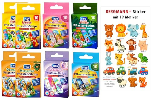 80x Kinderpflaster FIGO 19 Motiven + 【gratis】BERGMANN⁺® Aufkleber, Klinisch getestet, Wasserabweisend, Pflaster Set für Mädchen und Jungs, Strips, bunte Pflaster, Sticker, Kindergeburtstagsgeschenk