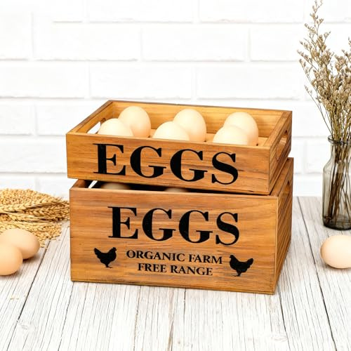 Qinyoung 2 Pcs Farm Wooden Eggs Crate for 12 Fresh Eggs Easter Stackable Wooden Crates for Display Rustic Storage Box with Handle for Easter Supermarket Farm Food Shop Kitchen Supplies