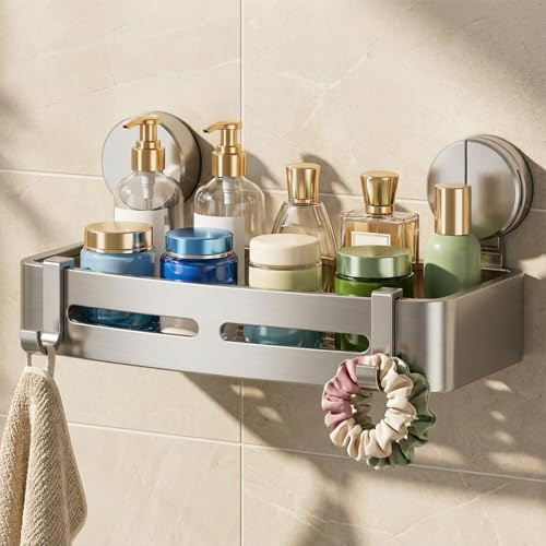 OlyPegic Duschablage Saugnapf | Ohne Bohren 32cm, 10kg Tragfähigkeit, Aluminium Wasserfest, Shampoo Halterung für Dusche mit 2 Haken + 2 Saugnäpfen(Gunsilber)