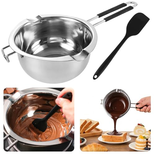 Ghligna Casserole Bain Marie 1200ML, Casserole Bain Marie avec Spatule en Silicone, ChaudièRes Universelles en Acier Inoxydable 304 pour Faire Fondre le Chocolat, le Beurre, le Fromage, le Caramel