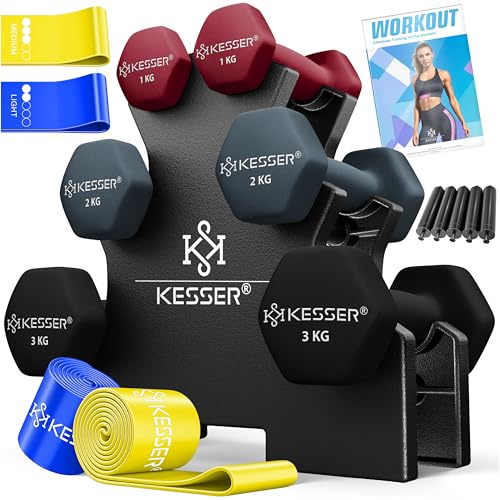 KESSER Set di manubri, 3 paia, 1 kg – 5 kg, 12 kg o 18 kg, manubri corti con supporto, palestra, allenamento della forza, set di manubri in neoprene antiscivolo