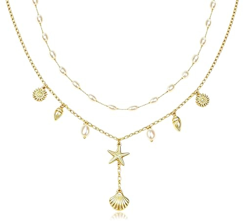 Collier Coquillage, 2PCS Superposition de Colliers avec Perle/Coquillage/Étoile de Mer/Soleil, Collier de Plage Bohème Exquis, Bijoux d'été pour Plages, Vacances, Quotidien, Cadeau Mode pour Femmes