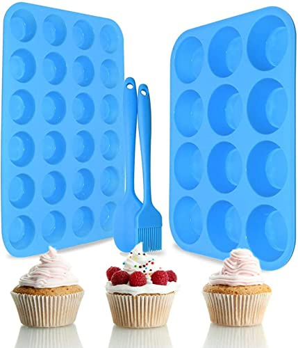 HQHYGM 2-packs silikonmuffinsform för bakning Vanlig 12 koppar djup muffinsplåt och 24 koppar mini cupcake bakform, BPA-fri, non-stick, värmebeständig med bonus 1 silikonspatel & 1 oljeborste