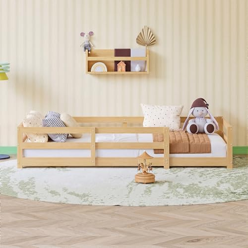 Montessori Bodenbett 90x200 cm aus massivem Kiefernholz, Kinderbett mit Rausfallschutz (40 cm hoher Rahmen), bodennahes Bett ohne Lattenrost, sicherer Schlafplatz für Kleinkinder, Naturholzoptik