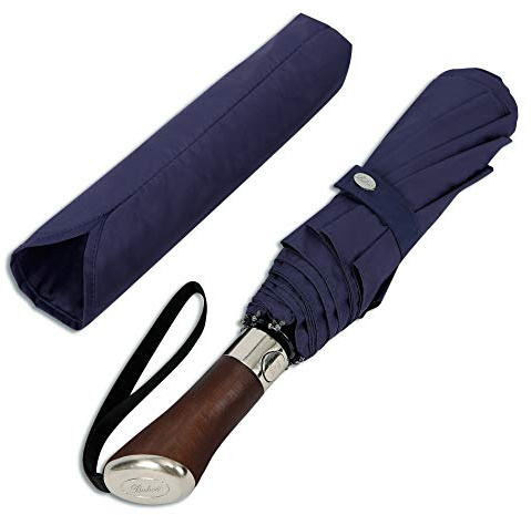 Balios Folding Umbrella Lux Hardwood Handle Auto Open Close | Patented handmade handle in richly grained solid hardwood, with stainless steel tip and wrist strap. Designed in London.