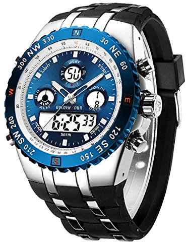 Herren Chunky Uhren Sport wasserdichte Stoppuhr Riesiges Gesicht, Datumsalarm, Light Digital, Analoge Militär Edelstahl Armbanduhr mit Gummiband (Silberblau)