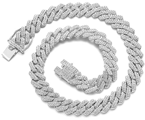 JUNVirtuous Cuban Link Chain Mens Necklace Iced Out Miami Cuban Necklace Silver/Gold Chain Bling Diamond Hip Hop Jewelry Chains for Men Women Boy 16/18/20/24 IN