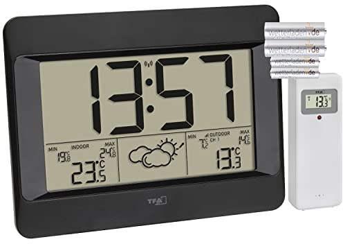 TFA Dostmann Zeno 35.1163.01 Station météo radio-pilotée numérique avec prévisions météorologiques, température intérieure et extérieure, alarme de réveil avec snooze, noire