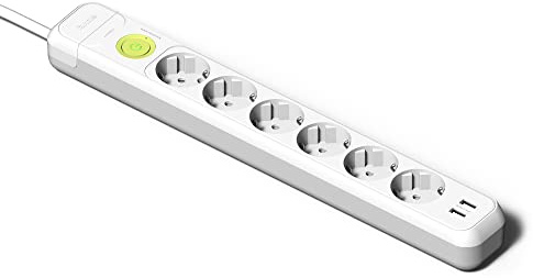 FAMATEL – Multiprise 6 Prises + 2 Prises USB + Interrupteur | Câble de 1,5 m | avec TT | 16 A | 250 V | Blanc | Prise USB à Charge Rapide | Protection surtenue