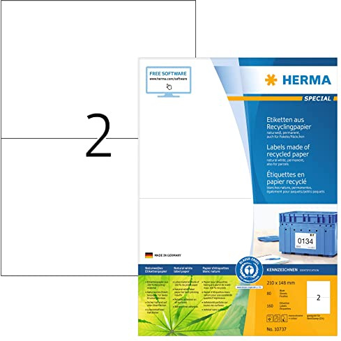 HERMA 10737 Recycling Etiketten, 80 Blatt, 210 x 148 mm, 2 pro A4 Bogen, 160 Stück, selbstklebend, bedruckbar, matt, blanko Recycling-Papier Klebeetiketten Aufkleber, natur-weiß