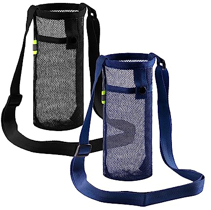 Toptime 2 Pcs Adjustable Mesh Water Bottle Carrier with Shoulder Strap, Lightweight Water Bottle Bag with Pouch for Outdoor Walking Hiking Running