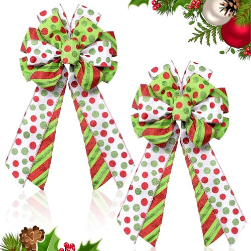 Crowye 2 Stück Weihnachtskranzschleifen 45 cm große Weihnachtsbaumschleife Topper weiß rot grün gepunktet Weihnachtsbaum Band Topper für Girlande Garten Kaminsims DIY Handwerk Hochzeit Zuhause Party