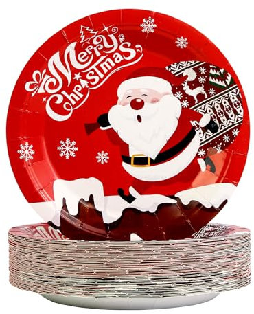 AHPYEUHK Lot de 50 assiettes en carton de Noël jetables de 17,8 cm - Vaisselle colorée pour fêtes de Noël - Vaisselle pour décorations