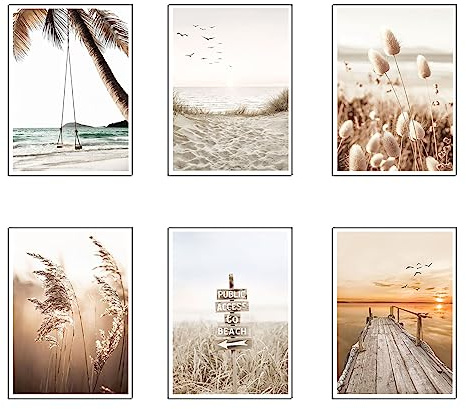 Set 6 cuadros base madera, Decoración Salón Modernos, Dormitorios, Habitación, paisaje, playa, naturaleza con colgadores metálicos, (38 x 29 cm cada cuadro)