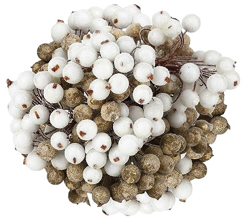 TSLBW 240 Piezas Bayas Artificiales heladas de Navidad, Mini Bayas de Espuma navideñas, 120 Tallos Acebo Artificial escarchado para Árbol de Navidad Guirnalda Boda Fiesta DIY Decoración (Oro Blanco)