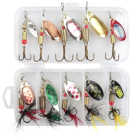 Pizsieat 10 Stück Spinner Angelköder Set Blinker Angeln Spinner Angeln Köder mit Drillinge Haken und Angelköder Box Pailletten Kunstköder für Forelle Barsch Lachs Hecht Zander Walleye