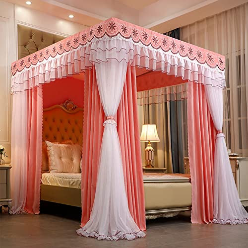 4 Eckpfosten-Himmelbettrahmenstangen, Himmelbett-Himmelnetz, doppelschichtige Prinzessinnen-Vorhänge, Baldachin (Orange-Rosa, 200 × 220 × 200 cm)