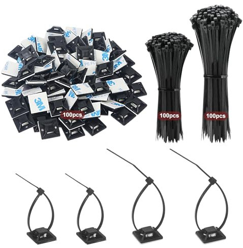 200Pcs Black Cable Ties 120/150mm + 100Pcs Adhesive Cable Clips, Zip Ties Tie Wraps & Cable Tidy Clips, Sticky Pad Bases for Home Office Workshops DIY
