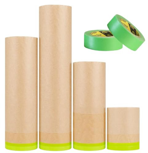Wonninek 4Rolls Pre-Taped Masking Paper, 4 Sizes Thicken Tape and Drape Leakproof Kraft Masking Paper Roll for Car Home Painting Paint Adhesive Protective Paper