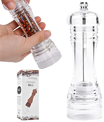 Dokeno Salz und Pfeffermühle, Transparent Gewürz-Mühle Pfeffermühle aus Acryl 16.7CM Pfeffermühle Salzmühle Manuellen mit Einstellbarem Keramikmahlwerk für Gewürze Pfeffer Salz und Chili