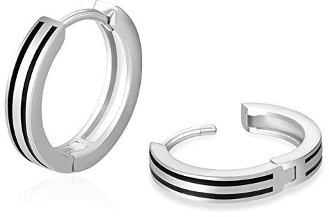 KRKC Silber Kreolen Hoop Ohrringe, 15mm Schwarz/Weißgold Vergoldet S925 Sterling Silber Ohrringe, Nickel-frei Creolen für Herren Männer(Doppel-Linie-Silber)
