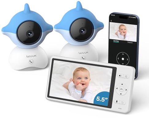 WUUK 2K Babyphone mit 2 Kameras (blau), 5,5 Zoll Display mit 360° Kamera | 135° Weiter Blickwinkel, APP Unterstützen, One-Touch-Anruf, Bewegungs/Geräuscherkennung, White Noise