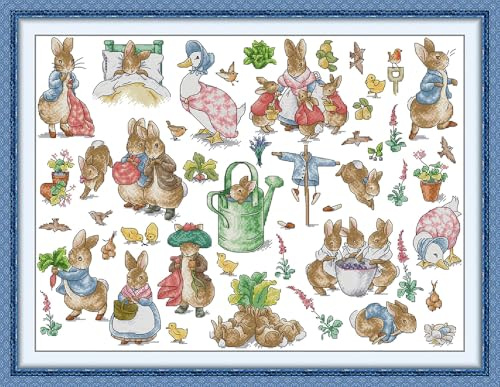 Gofission 14ct Stamped Cross Stitch Kits for Adults Beginners, Peter Rabbit Garden DIY Pre Printed Cross Stitch Embroidery Set with Accessories Wall Decor 63x48cm (Garden)
