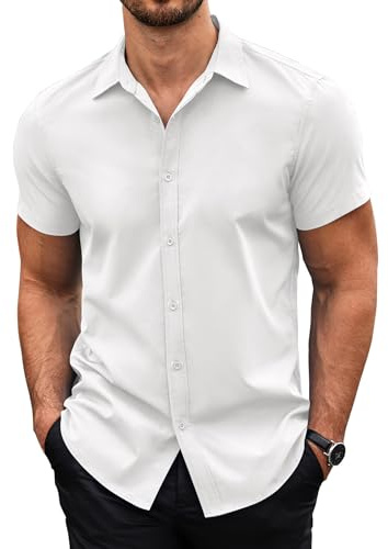 COOFANDY Kortärmad herrskjorta ledig skjorta affärsskjorta strykning lätt sommarskjorta normal passform basic skjorta, Vitt och blått, 4XL