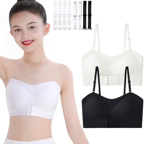 Sunvivid Girls Strapless Bandeau Bra 2 Pack Dance Ballet Bras Seamless Underwear with Removable Bust Pads and Replace Straps Bralettes for Teen 12-14 Years