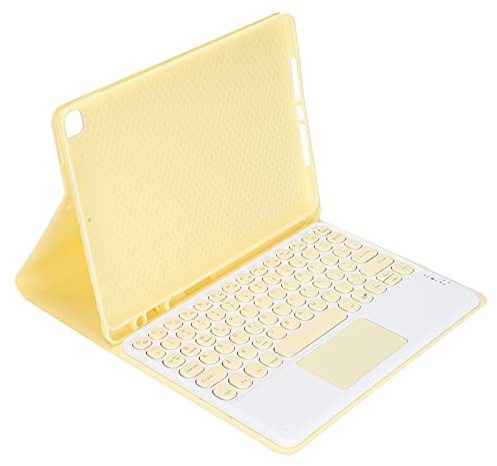 flexman 10in BT3.0 Tablet Keyboard, Touchpad Function Round Keycap Mechanical Keyboard with Silicone Case for Smart Phones Tablets Laptops Desktop Computers (Yellow round cap touch + leather case)