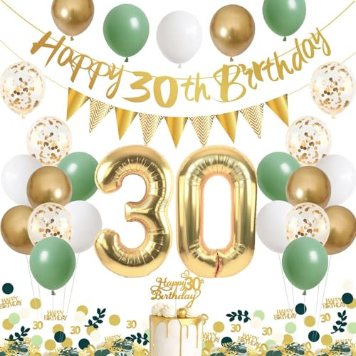 30. Geburtstag Deko Frau Mann,Luftballon Grün Gold Geburtstagsdeko 30 Deko | Salbeigrün Deko 30 Geburtstag Konfetti, Tortentopper, Happy Birthday Banner,Pompoms 30. geburtstag für Männer Frauen
