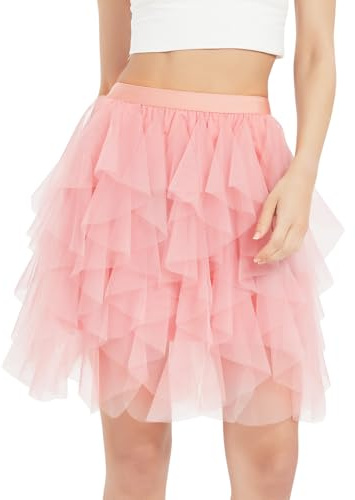 Monbessi Tüllrock Damen mit Unregelmäßiger Lagen Tüll Rock mit Futter Rock Damen Knielang für Halloween-Partys, Täglich(M, Rosa)