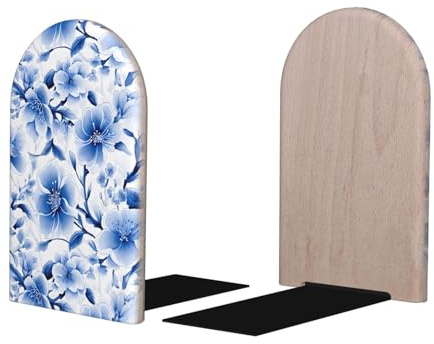 Mexpekil Blaue Kirschblüten-Buchstützen aus Holz für Regale, robuster Buchhalter, Organizer, rutschfester Buchstopper für Schreibtisch, Büro, Bibliothek für Leser, 1 Paar