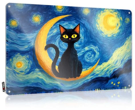 Dorm Door Sign Black Cat On The Moon: A Starry Night Adventure Tin Sign Tin Wall Decor Metal Sign Funny(20X30CM)