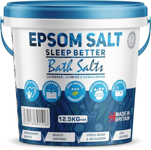 Scented Epsom Bath Salts 12.5kg Infused with Jasmine, Sandalwood & Lavender Essential Oil, 100% Natural Mineral Salts - Supports Sleep and Relieves Aching Muscles Magnesium Sulphate Bath Foot Soak