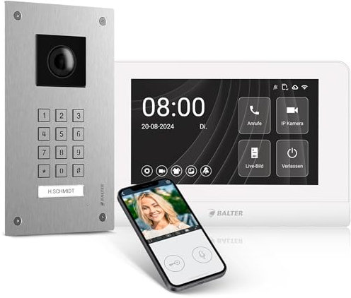 Entri Video Türsprechanlage, Unterputz Türklingel mit Kamera, Smartphone App, 1 Familienhaus, Video Türklingel, 7“ HD-Monitor, Full HD Kamera, Gegensprechanlage mit Türöffner und Numpad, 2 Draht Bus