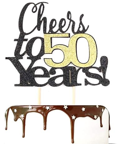 50th Birthday Cake Topper, 50th Cake Topper, Black Gold Glitter Cheers to 50 Years Cake Toppers for Men Women Birthday Anniversary Party Decorations
