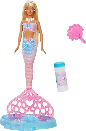 Barbie Bubble Sparkle Meerjungfrau-Puppe mit Farbsträhnen im Haar | mit Seifenblasen-Funktion und -Flüssigkeit, Tablett und Bürste, langes blondes Haar, JLW56