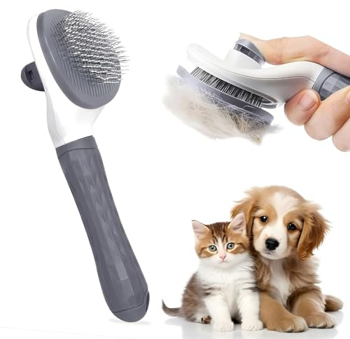 NAVZA Cat Brush for Grooming - Self Cleaning Slicker Brush for Cats & Dogs with One-Click Hair Release Button, Rounded Stainless Steel Pins for Deshedding & Undercoat Removal, Long & Short Hair Pets