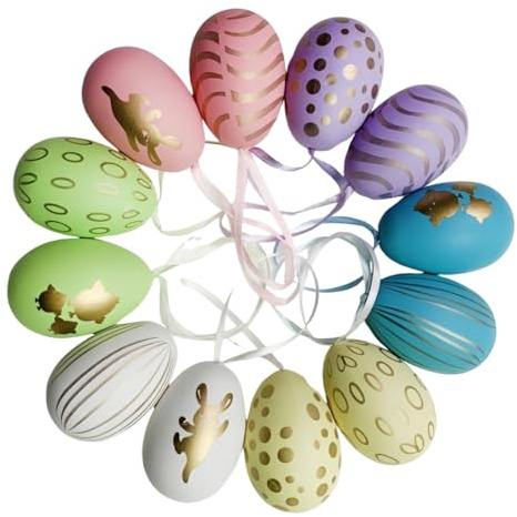 CFEWV 12 Piezas Huevos Decorativos de Pascua Colgantes, Adornos Brillantes con Diseños de Puntos y Flores para Decoración del Árbol de Pascua, Hogar, Fiestas y Celebración de Primavera