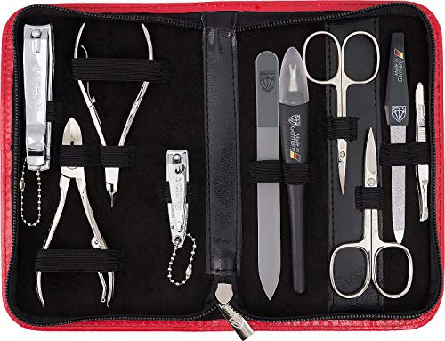 DREI SCHWERTER - Germany 10-tlg. Reiseset 'Spezia' | Nagelpflegeset in rotem Kunstlederetui | Inhalt: Nagelschere, Hautschere, Nagelzange, Pinzette, Glasnagelfeile uvm