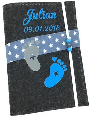 U Heft Hülle und Impfpass aus Filz - Personalisiert mit Namen - Untersuchungsheft Schutzhülle - Babygeschenke zur Geburt - Kinderuntersuchungsheft Mädchen und Junge - Füsse Blau