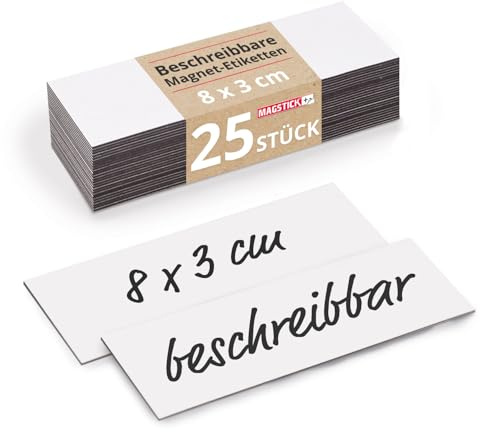 Magstick 25 Stück wiederbeschreibbare Magnet-Etiketten 8 x 3 cm - mag207 | Rückseite magnetisch, Größe 80 x 30 x 0,85 mm, Magnetetiketten MAGSTICK, Kein Haftgrund für Magnete