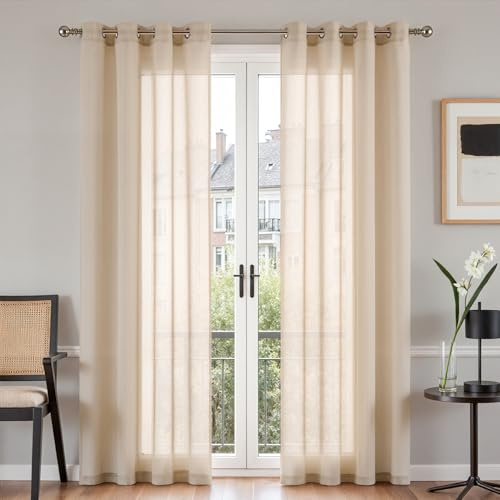 TOPICK Gardinenschals 2er Set Schlafzimmer Gardinen mit Ösen Vorhänge Wohnzimmer modern Curtains Living Room H213XB140 cm, Ösenschal Vorhang transparent Leinenoptik Übergardinen Gardinen Khaki