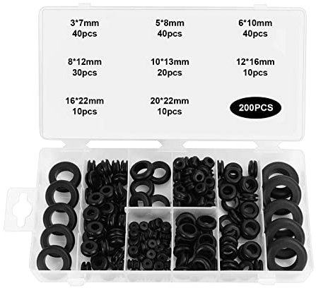 Gummitülle Dichtungsringe Set,Tapsin 200 Stück Gummitülle Sortiment Set 8 Größen Gummistopfen Gummitülle Kabeldurchführung Karosseriestopfen Gummi Unterlegscheiben Dichtungsringe Set