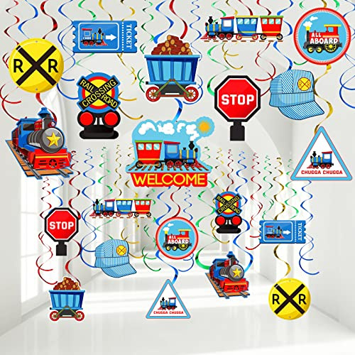 51 Pieces Train Birthday Decorations Transportation Hanging Swirls Steam Train Ceiling Decor for Railroad Traffic Sign I'm Two Party Baby Shower Favors Supplies