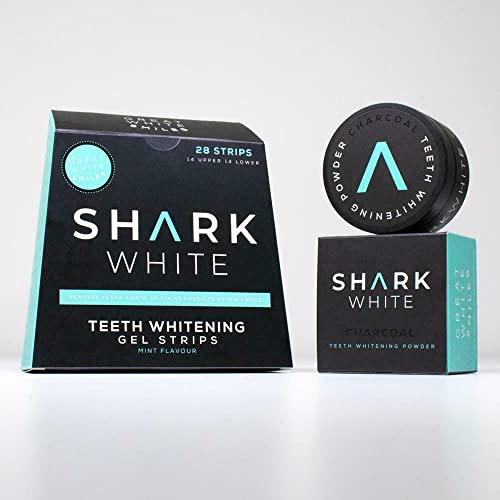Shark White Teeth Whitening Professional Home Kit 28 Gel Strips & Bamboo Activated Charcoal Powder - Fast Results & No Sensitivity, Love Your Smile with Our Teeth Whitening Gel Strips Charcoal Powder