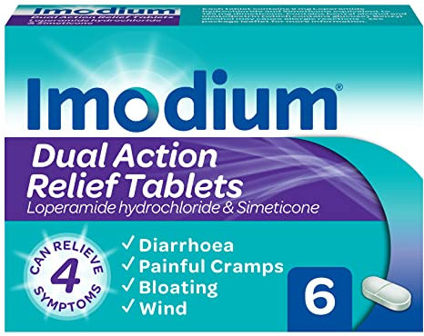 Imodium Dual Action, Diarrhoea Relief (6 Tablets), Helps Restore Gut to Natural Rhythm, with Loperamide Hydrochloride & Simeticone, Diarrhoea Tablets for Cramping, Bloating and Wind