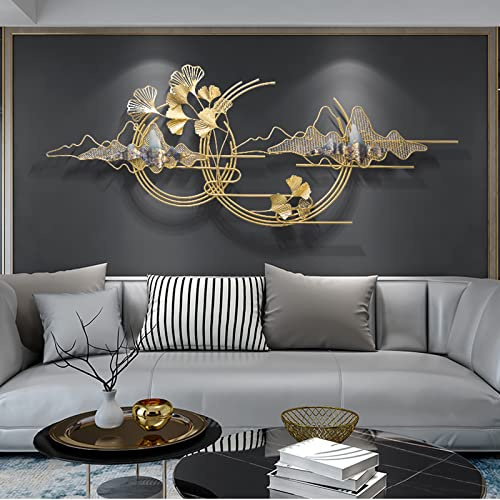 AOTTSD Golden 3D Blätter Wandbilder Wanddeko Metall Wohnzimmer Schlafzimmer, Modern Groß Schmiedeeisen Ginkgo Wanddekoration Wandobjekt Wandschmuck Handgemachte Wandskulpturen, 150 × 59 cm