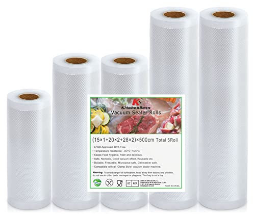 Kitchenboss Sacchetti Sottovuoto Per Alimenti: 5 Rotoli 15x1|20x2|28x2| x500 Cm, Senza Bpa, Liberi Di Tagliare, Durevole, Per Microonde Congelamento Della Conservazione Alimenti e Cottura Sous Vide